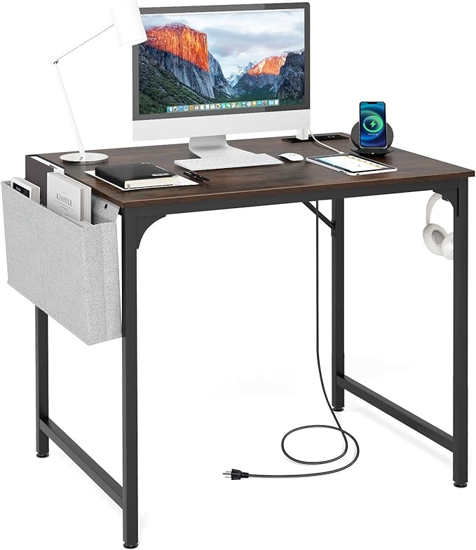 Tangkula 32” Computer Desk with Charging Station Modern Simple Study Writing Desk with Storage Bag Headphone Hook Sturdy Metal Frame Home Office Workstation