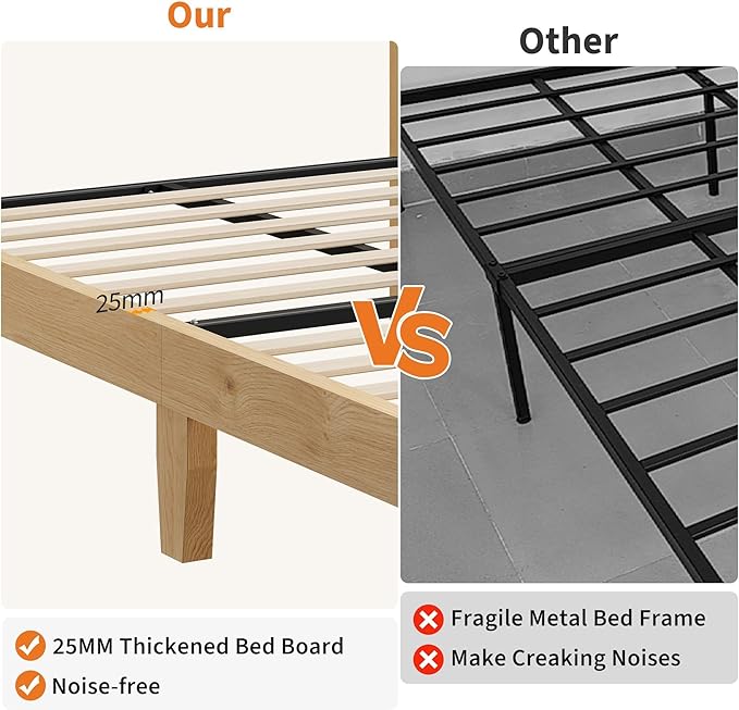 GAOMON Twin Size Rattan Bed Frame Rattan Bed Frame with LED Light &amp Natural Headboard Boho Storage Space Underneth Sturdy Wooden Slats Support No Box Spring Needed