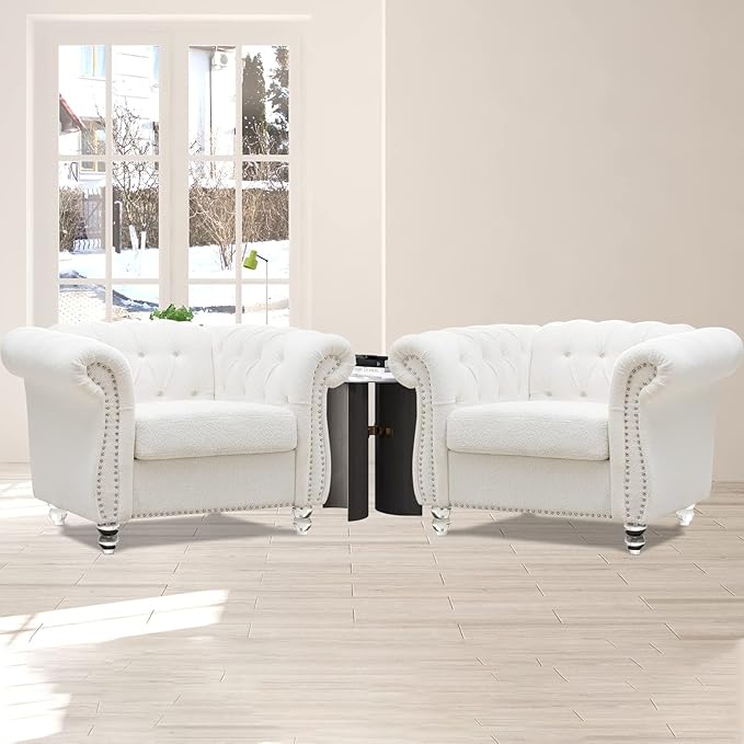 White Chesterfield Chair Sherpa Accent Chair Chesterfield Upholstered Club Wingback Chair Button Tufted Sofa for Living Room Bedroom Office