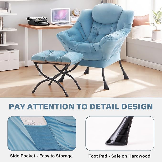 Tiita Lazy Chair with Ottoman Blue Chiars Modern Large Accent Armchair Comfy Leisure Sofa Reading Chair with Footrest for Bedroom Living Room Dorm Rooms Garden Velvet Light Blue