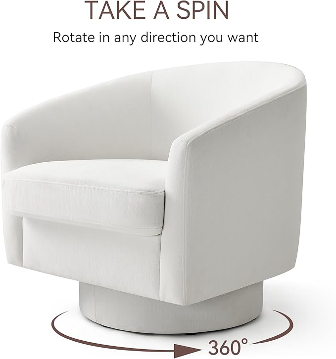 Swivel Barrel Accent Chair Round Chenille Fabric Living Room Arm Chairs Modern Upholstered Comfty Reading Nook Chairs for Bedroom Small Club Armchair Single Sofa Side Chair White