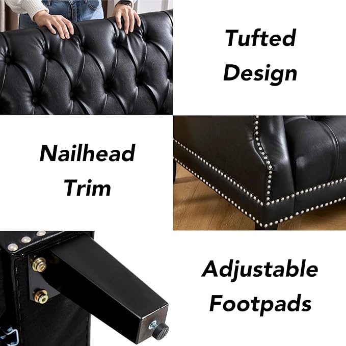 chairus Mid-Century Modern 74.5 Faux Leather Sofa Tufted Upholstered 3 Seater Couch with High Back &amp Nailhead Trim Chesterfield Sofa for Living Room Bedroom Apartment Office Black PU