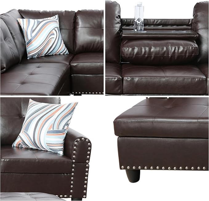 L Shaped Sectional Couches Convertible Lounge Leather Couch with Reversible Cup Holder Nail-Head Design Modern Modular Sectional Sofa for Living Room Furniture Sets Brown A