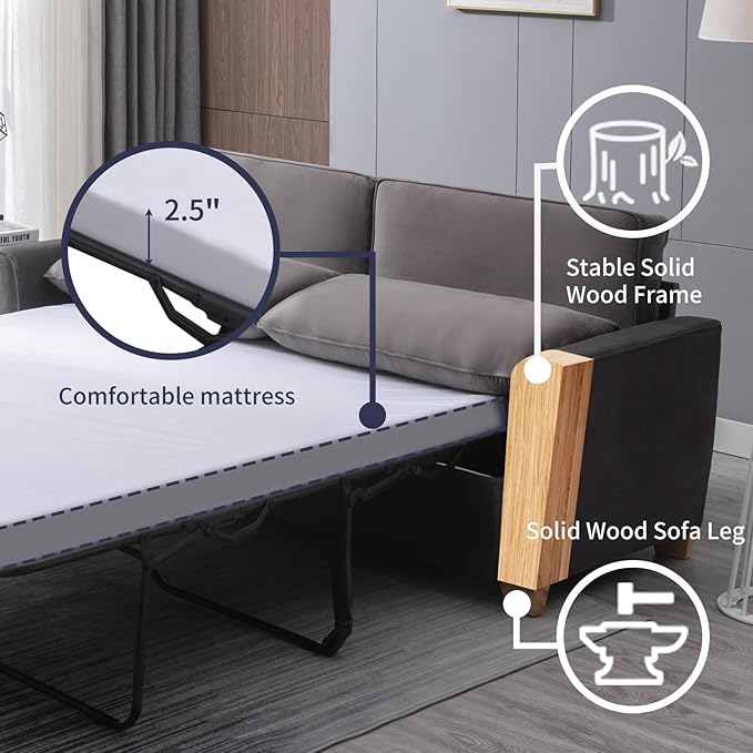 70 Full Size Pull Out Sofa Bed 2 in 1 Sleeper Sofa Couch Bed Velvet Modern Convertible Guest Loveseat Sofa Couch Beds Mattress Cushions Pillow Include for Home Apartment Office Dark Grey