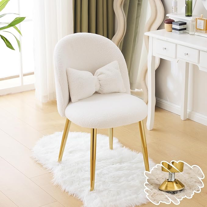 VINGLI Boucle Girls Vanity Chair with Back &amp PillowCute Small Cozy Desk Chair No WheelsComfy Makeup Ch with Ajustable Gold Legsfor BedroomLiving RoomSmall SpaceWhite