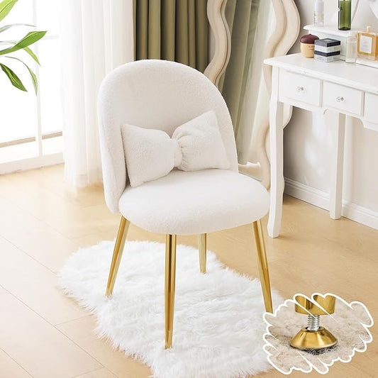 VINGLI Boucle Girls Vanity Chair with Back &amp PillowCute Small Cozy Desk Chair No WheelsComfy Makeup Ch with Ajustable Gold Legsfor BedroomLiving RoomSmall SpaceWhite