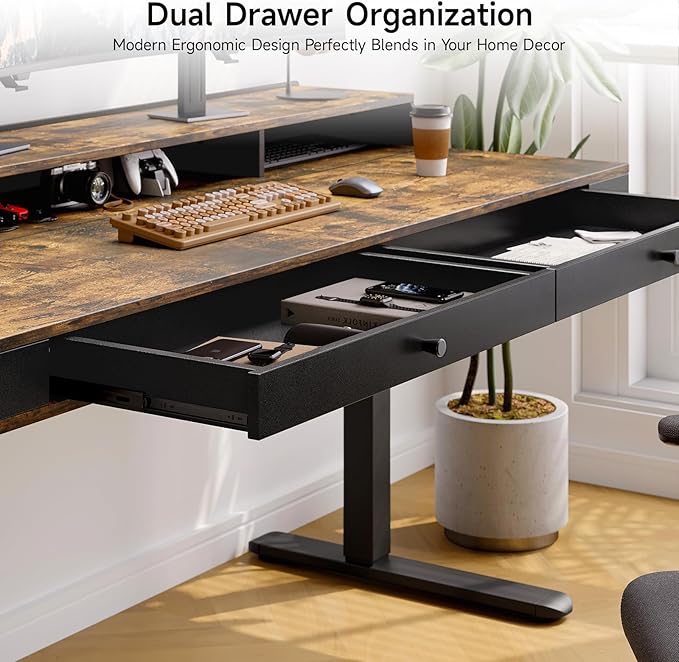 ONBRILL Standing Desk with Drawers 63x23.6 Electric Stand Up Desk with Storage Shelf and Memory Controller Sit Stand Desk Adjustable Height from 28-46 for Computer Workstation Rustic Brown