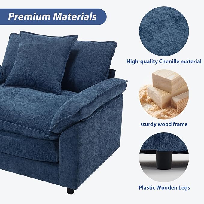 Modern Oversized Chair Set of 2 Comfy Chenille Accent Chair Large Upholstered Armchair with Extra Thick and Deep Seat Lounge Chair for Living RoomBedroomApartment (Blue)