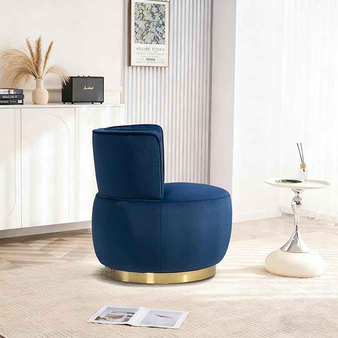 360 Degree Swivel Accent Chair Comfy Round Swivel Barrel Chair with Mental Base Upholstered Cozy Reading Armchairs Modern Lounge Sofa Chairs for Living Room Bedroom Club Office(Velvet Navy)
