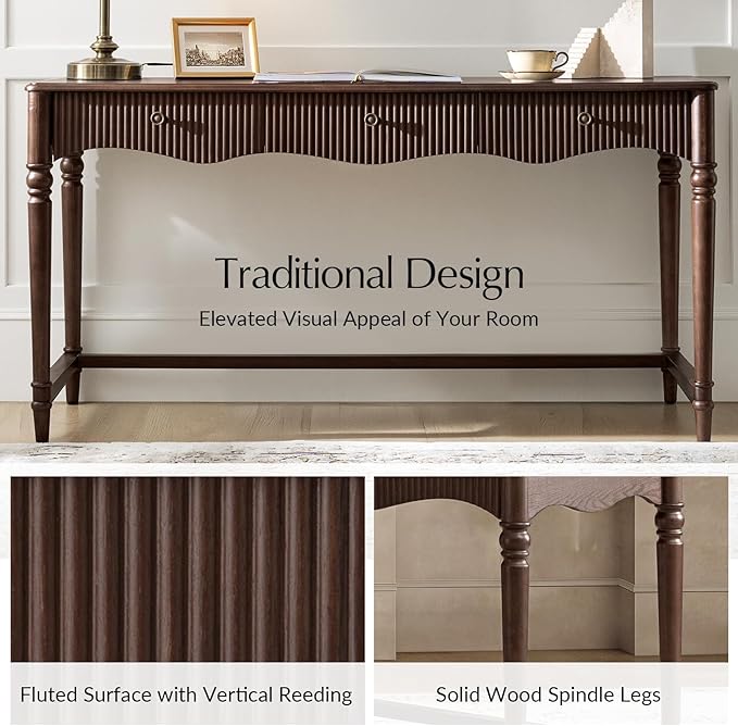 HULALA HOME 60 Fluted Executive Desk with Charging Station 3 Drawers Home Office Desk with Solid Wood Spindle Legs Wood Writing Desk with Storage Natural Wood Grain Texture Auburn