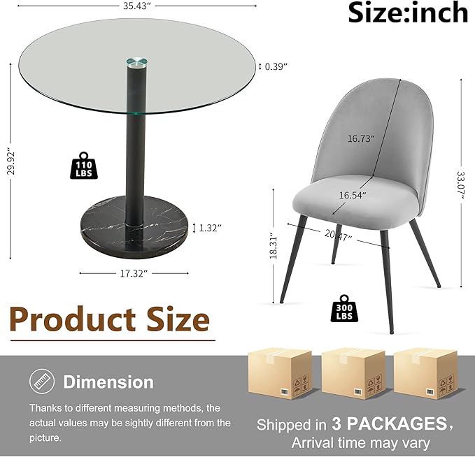 Modern Circle Dining Table Set for 4 35.43-Inch Kitchen Coffee Table Set with 4 Seated Dining Chairs Upholstered Velvet Reception Room Chairs Tulip Glass Table Set Metal and Marble Base