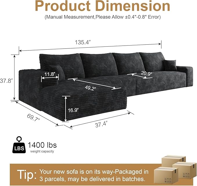 136 Sectional Couches for Living Room Modern Modular Sofa with L-Shape Couch Upholstered Boneless Sofa Deep Seat Sectional Couch with Chaise (Black Left Facing Chaise+3Seaters)