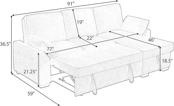 ERYE L-Shaped Pull Out Sleeper Couch Bed Modern Chenille Upholstered Button Tufted Corner Couch Reversible Sectional Sleeper Sofa Bed W/Storage Chaise Cup Holders