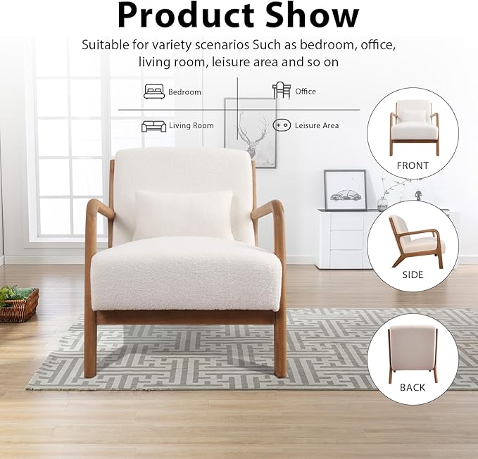 INZOY Mid Century Modern Accent Chair with Lamb Wool Fabric Upholstered Living Room Chairs with Waist Cushion Reading Armchair for Bedroom Sunroom White