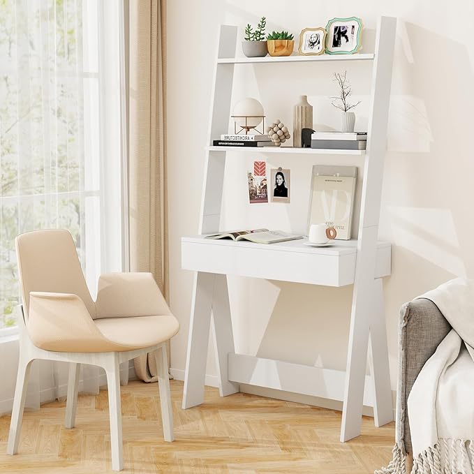 Giantex 3 Tier Ladder Desk with Drawer 33’’ Width Ladder Shelf with Anti-Tipping Device Freestanding Bookshelf Leaning Computer Desk with Shelves for Small Space (White)