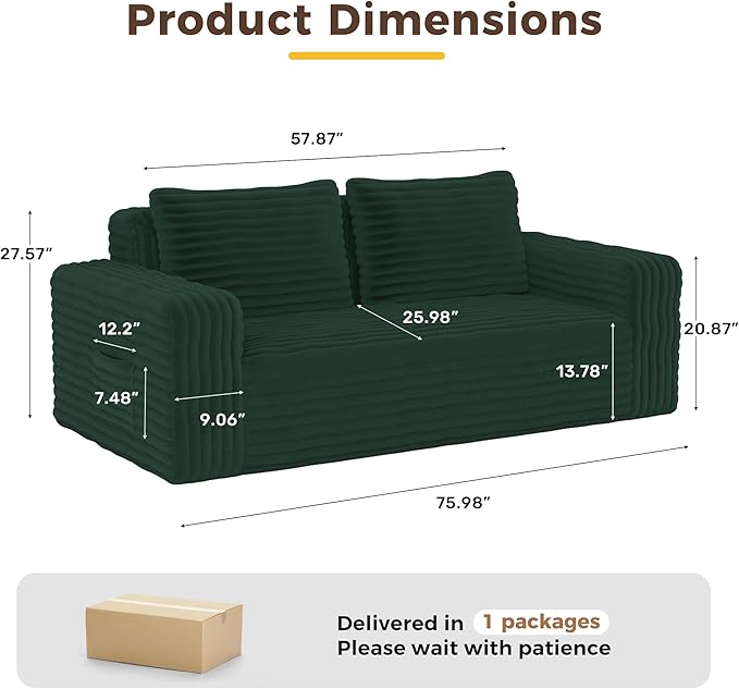 Boneless Couch Sofa 2-Seater Foam Sofa Love Seat Furry with 2 Pillows &amp 2 Side Pockets for Living Room (Green)