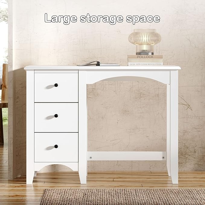 SDHYL 37.4 inches Vanity Table Small Space Teens Study Student Desk Bedroom Home Office Desk with Three Drawers Writing PC Table White S7-CYS-ST005-US