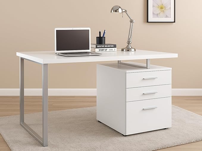 CARTESIAN Modern Reversible Computer Desk with 3 Drawers 47.25W x 23.5D x 30H inches White and Silver Metal Frame File Cabinet Storage