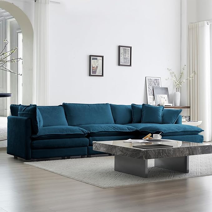 111.42 Modular Sectional Sofa Convertible Modern L Shaped Sofa Blue Chenille Deep Seat Cloud Couches Set with Ottoman for Living Room Bedroom Apartment Office 3 Seater