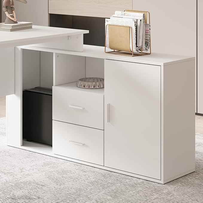 Homsee Home Office Computer Desk Corner Desk with 2 Drawers and 2 Open Cubes 55 Inch Large L-Shaped Study Writing Table with Storage Cabinet White (55.1”L x 47.2”W x 29.5”H)