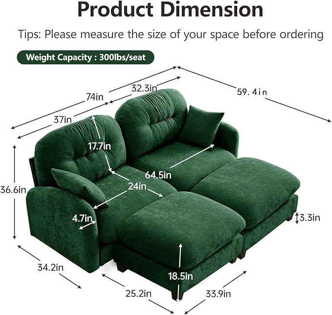 74 Oversized Modular Sectional Sofa Green Large Sectional Couches for Living Room Chenille Fluffy Sofa Set Cloud Love Seat Comfy Modular Couches with 2 Ottomans Modern Sofas para Sala U Shaped