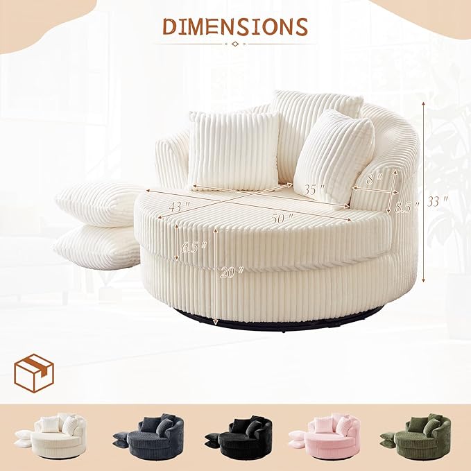 360 Degree Oversized Swivel Chair 50 Round Lounge Chair Modern Accent Circle Chair W/ 5 Pillows Upholstered Corduroy Sofa Chair for Living Room Bedroom Apartment Beige