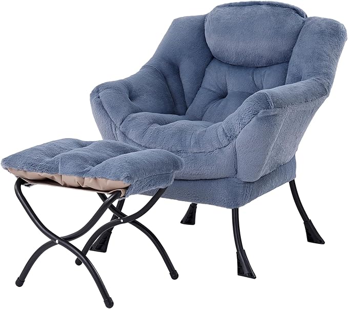 Welnow Lazy Chair with Ottoman Modern Accent Chair with Armrests and a Side Pocket Leisure Sofa Armchair Set Reading Armchair with Footrest for Small Space Plush Light Blue