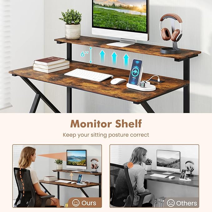 Giantex Rolling Computer Desk with Charging Station Mobile Portable Laptop Desk with Monitor Stand &amp Storage Shelf Small Desk with Lockable Wheels for Small Spaces Home Office (Rustic Brown)