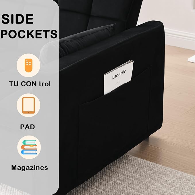 Velvet 3-in-1 Convertible Sleeper Sofa Bed - USB Charging Port Adjustable Backrest Pull-Out Futon Loveseat for Small Space Apartment Versatile Sectional Couch for Living Room (Black)