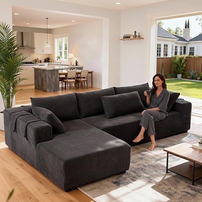 Moliy 108 Modular Chenille Sectional Couch - L Shaped Cloud Comfy Deep Seat Sectional Couches for Living Room No Assembly Required Sofas for Living Room （Black）