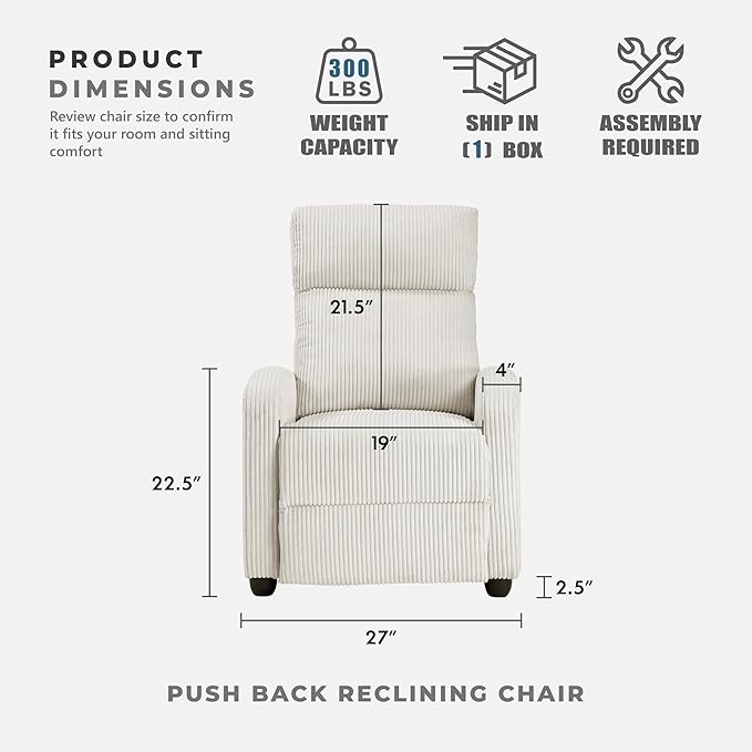 Lexicon Corduroy Pushback Recliner Chair Armchair Push Back Recliner Solid Wood Frame and Metal Base Easy Assembly Small Soft Single Sofa Accent Chair for Living Room/Office/Apartment Beige