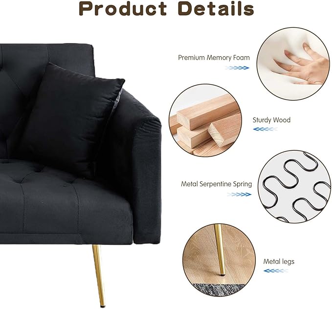 71Convertible Futon Sofa Bed - Modern Velvet Sleeper Couch with Adjustable Backrest Tufted Recliner with Golden Chrome Legs &amp 2 Pillows Perfect for Small Spaces Living Room &amp Apartment (Bl