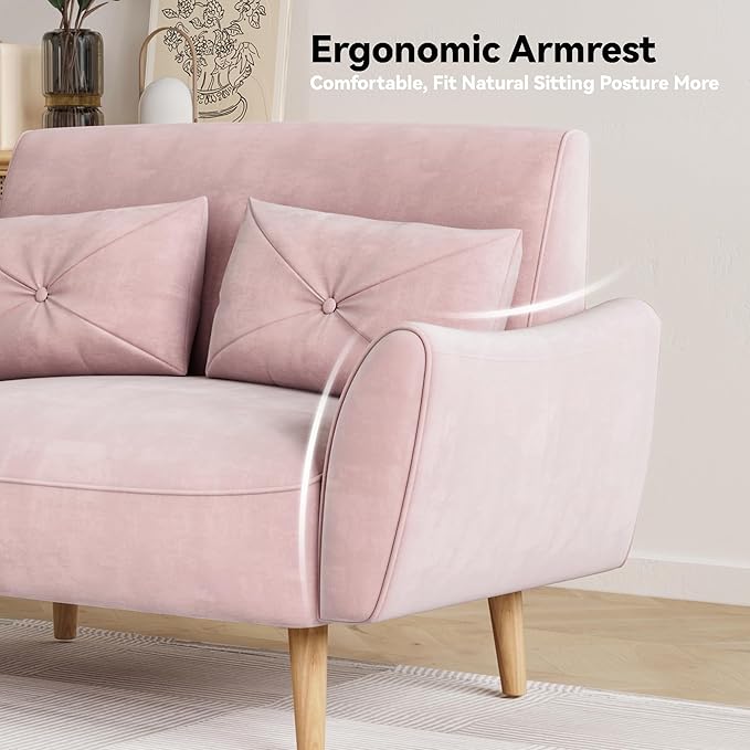 Brelice Loveseat Sofa 47 Velvet Couch for Bedroom Convertible Wooden Tray &amp Ergonomic Armrest for Small Space Apartment Living Room Home Office Easy Assembly Pink