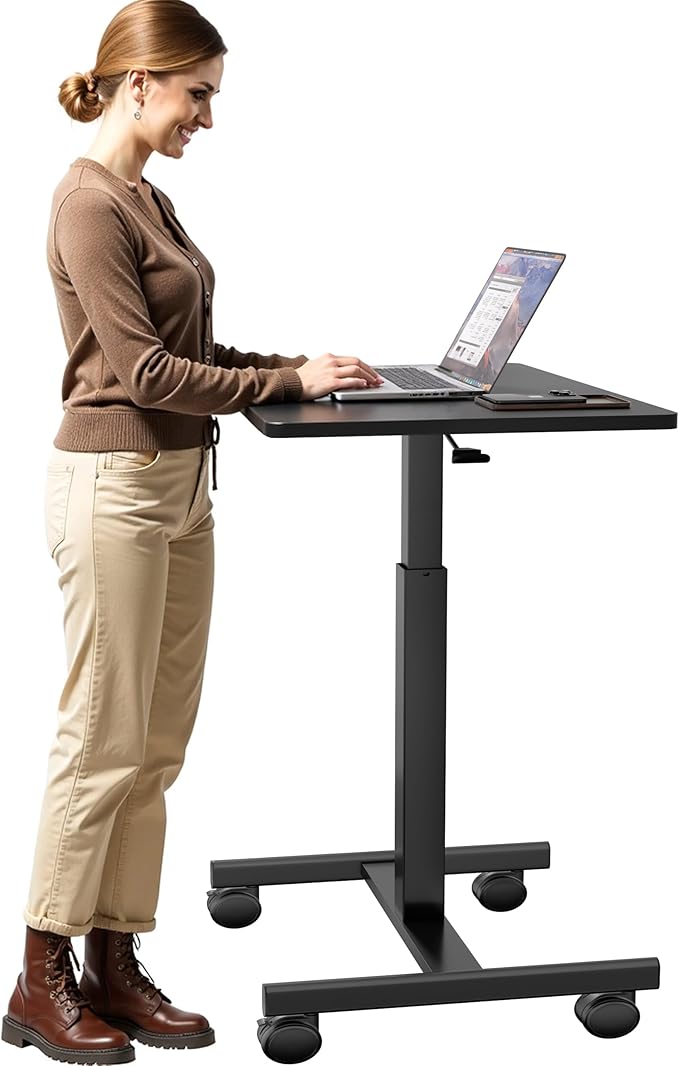 Mobile Laptop Standing Desk Adjustable Height Small Mobile Desk Workstation with Wheels Portable Rolling Computer Desk Cart for Home Office Classroom (Black)