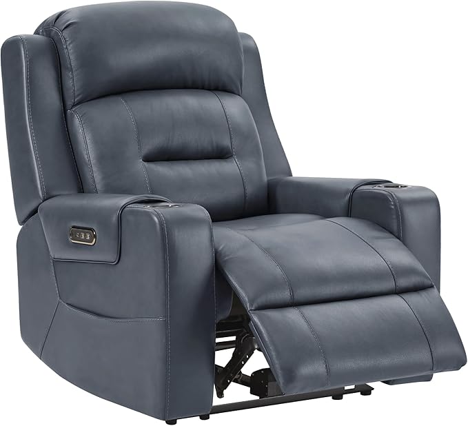 Watson &amp Whitely Genuine Leather Power Recliner Chairs for Adults Lay Flat Recliner with Power Headrest USB Ports and Cup Holders Electric Reclining Sofa for Living Room Bedroom Navy