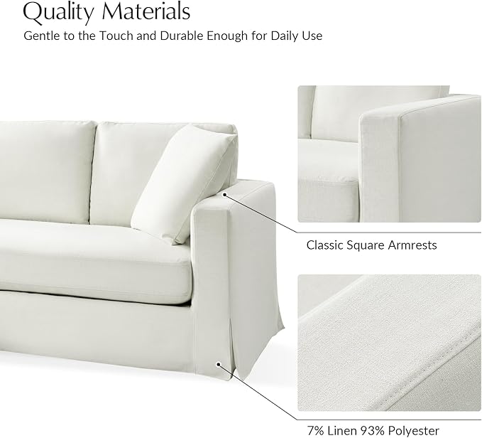 HULALA HOME 85 Slipcovered Sofa with Removable &amp Washable Cover 3-Seater Farmhouse Chaise Sofa with Down-Filled Cushions Comfy Upholstered Couch for Living Room Bedroom White