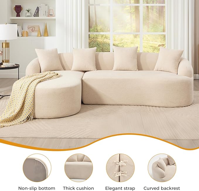 98.8 Curved Sectional Sofa with ChaiseL-Shape Sofa Lounge ChaiseBoneless Couch L Shape for Living RoomWood Grain Chenille FabricNo Installation Requirement
