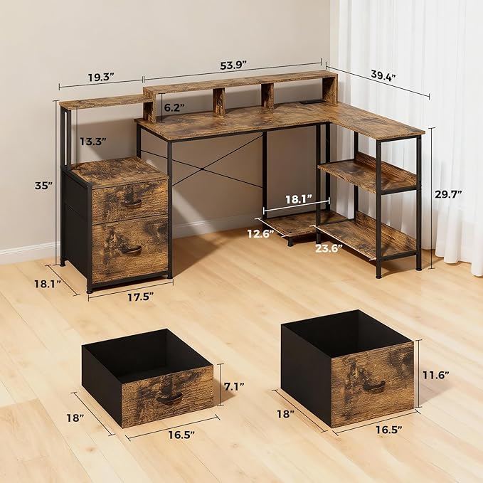 GTPLAYER 73 L Shaped Gaming Desk Reversible Computer Desk with Power Outlets &amp LED Lights Home Office Corner Desk with Storage Shelves Monitor Stand and Tower Space Rustic Brown