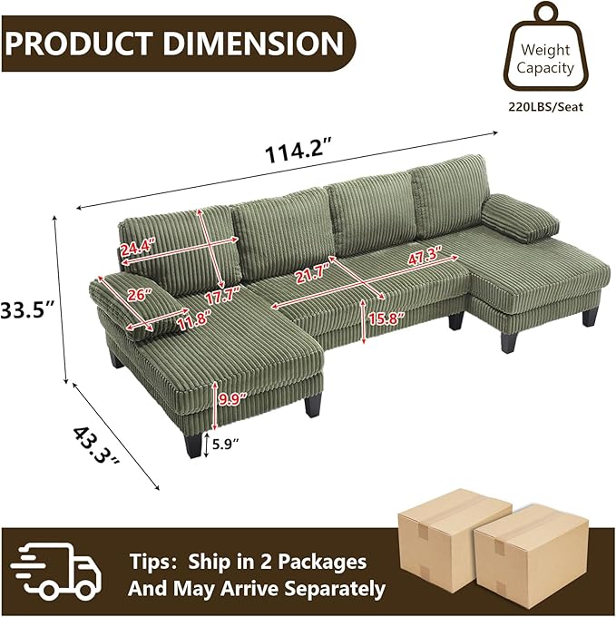 114.2 U-Shaped Sectional Sofa for Living Room Corduroy U-Shaped Couch with Double Chaises 4-Seater Comfy Cloud Sofa for Home Furniture Office &amp Small Space (Green)