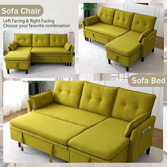 78 L-Shaped Sleeper Sofa Bed Couch 3-Seater Reversible Pull Out Couch Bed with Storage Chaise Lounge Cotton-Linen Pullout Sofabed Sectional Couches for Living Room Apartment Green