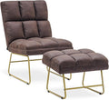 MCombo Accent Chair with Ottoman Set Modern Armless Chair for Living Room Bedroom Small Space 4013 (Heat-Stamped Fabric Dark Brown)