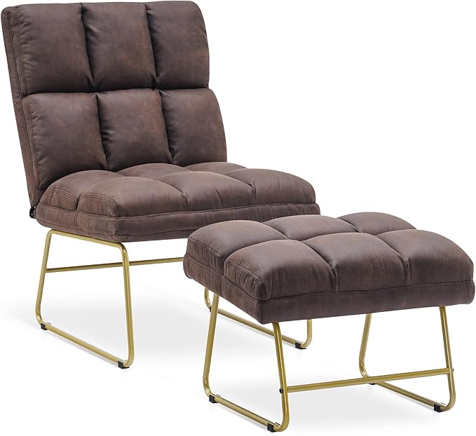 MCombo Accent Chair with Ottoman Set Modern Armless Chair for Living Room Bedroom Small Space 4013 (Heat-Stamped Fabric Dark Brown)
