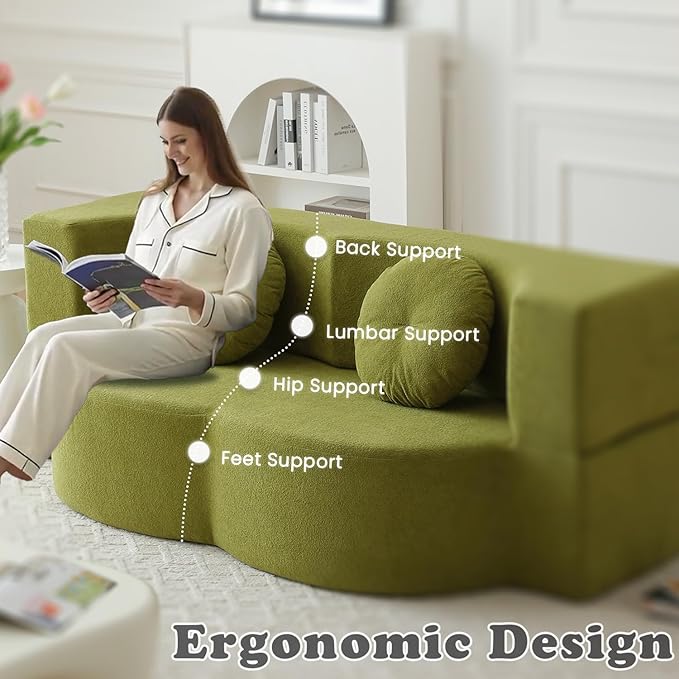 76 Convertible Folding Futon Sofa Bed Queen Sleeper Sofa with Pillow Teddy Fabric Floor &amp Futon Loveseat Couch Foam Folding Mattress Sleeper for Living Room Guest Use Office Apartment(Green