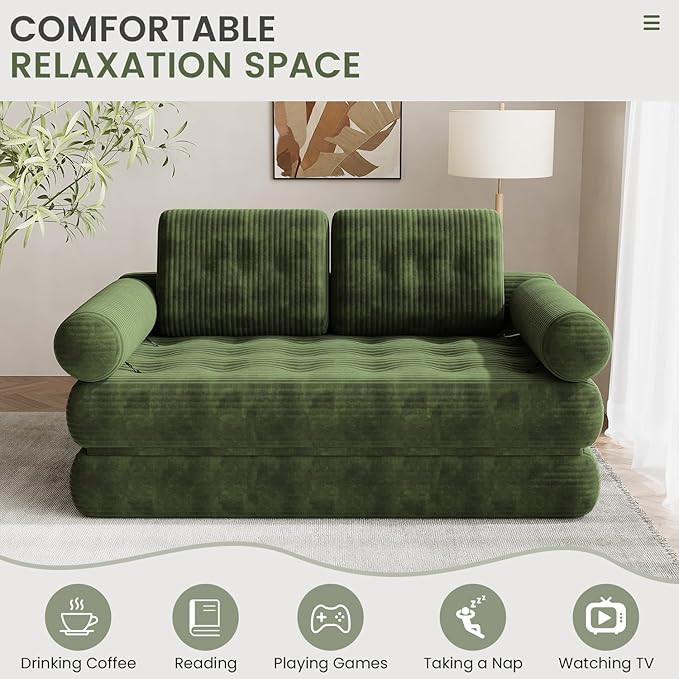 59 Convertible Sofa Bed 5-in-1 Folding Loveseat Sleeper Chair with Pillows Removable Armrests Fold Out Boneless Couch Futon Floor Mattress Lounge for Apartment Dorm Living Room - Green Full