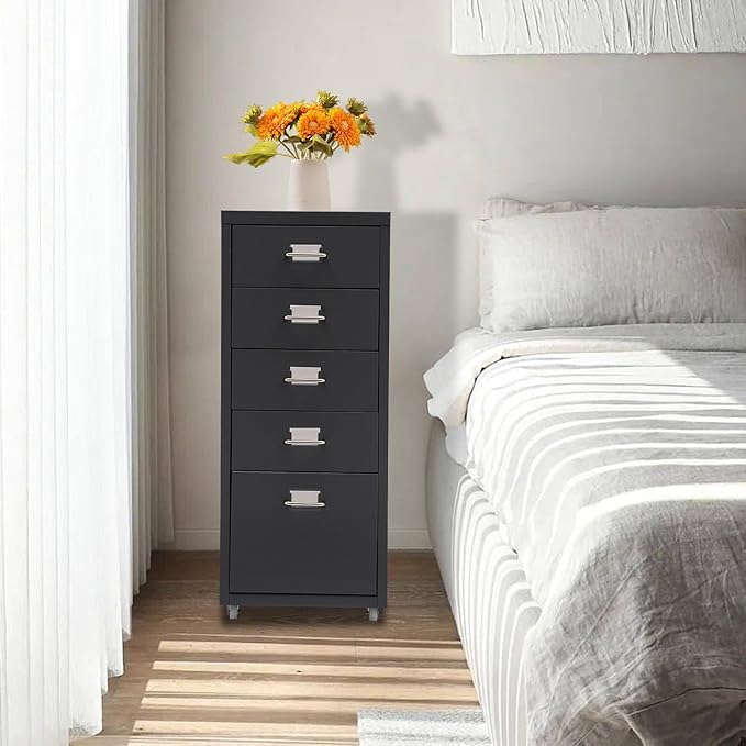 5 Drawer File Storage Cabinet Black Side Storage Organizer Office Filing Cabinet Stand Freestanding Storages Drawer Rolling Storage Dresser with Wheels11 * 16.1 * 27.1in