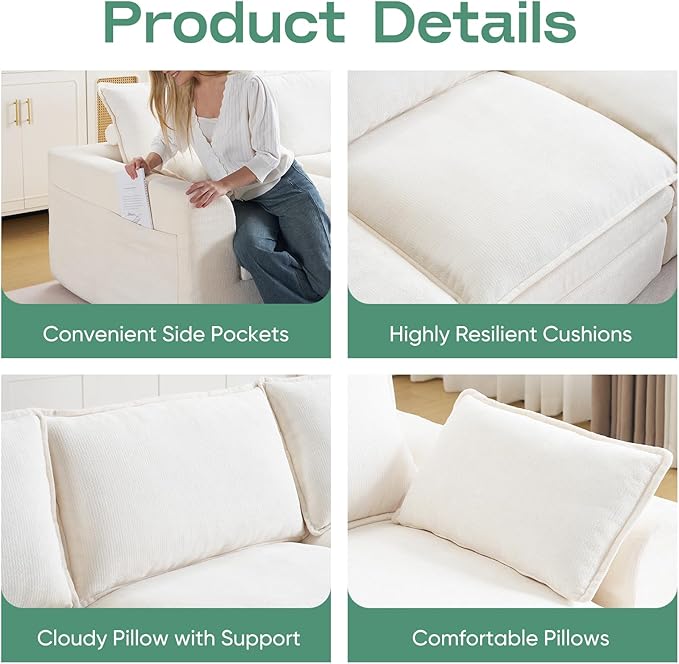 145 Modular Sectional Cloud Couch Deep Seat Boneless Couch for Living Room Upholstered Cloud Sectional Couch with Throw Pillows and Side PocketsNo Assembly RequiredChenilleBeige