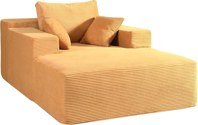 Monroe Convertible Chaise Lounge Chair Indoor – Oversized Corduroy Couch with Wide Armrest &amp Throw Pillows Cozy Boneless Sleeper Sofa Bed Armchair Ginger Yellow