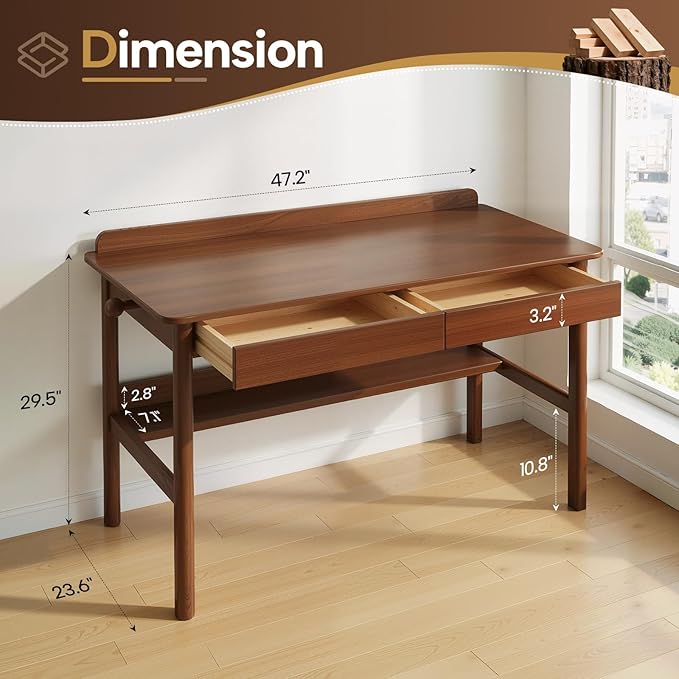 Solid Wood Study Desk &amp Home Office Writing Table with Drawers 47 Vintage Mid Century Modern Computer Desk Home Office Workstation for Bedroom Small Spaces Apartment(Walnut47.2 Inch Wide)