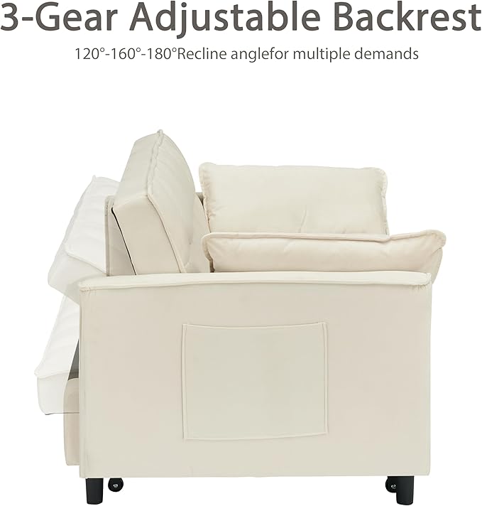 55 Sleeper Loveseat3 in 1 Sofa BedPull Out Couch Bed with 2 Pillows and Side PocketsVelvet Convertible Bed for Small SpacesLiving Room (Beige)