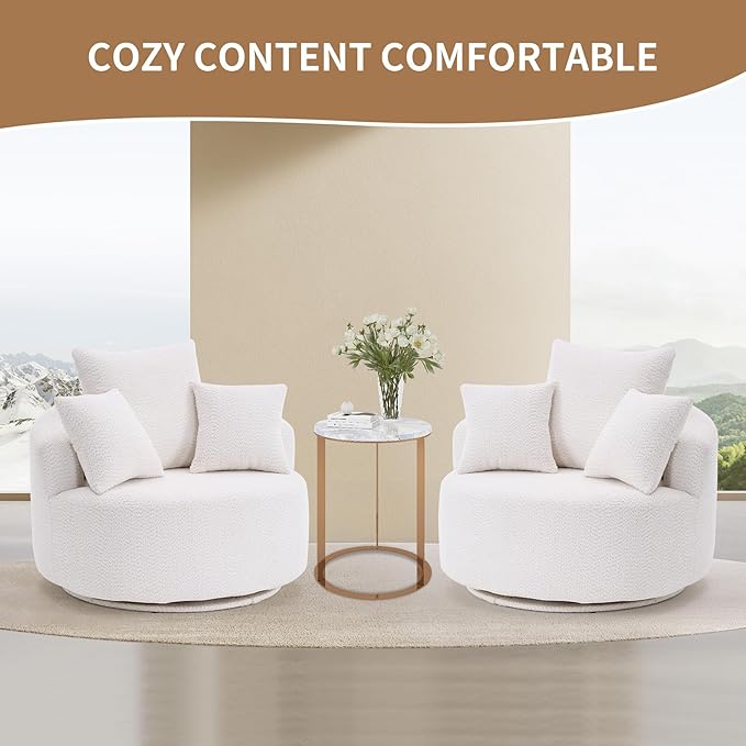 40” White Round Swivel Chair with 3 Pillows &amp Thick Cushion Oversized 360° Swivel Accent Chair Modern Boucle Armchair for Nursery Living Room Bedroom Club